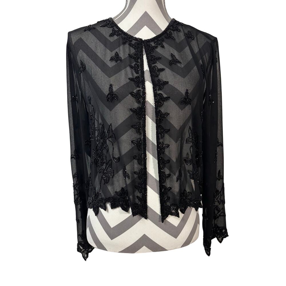 NWT Jkara New York Women Large Black Beaded Sheer Jacket Crop Evening Shrug L